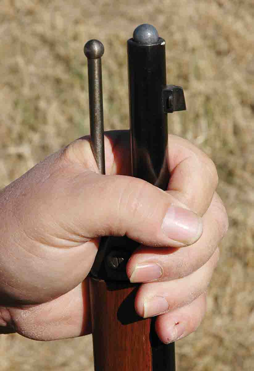 1) To start the slugging process, place an oversized, pure lead roundball on the firearm’s muzzle. The rifle being used is a Mauser Model 71/84 11mm.